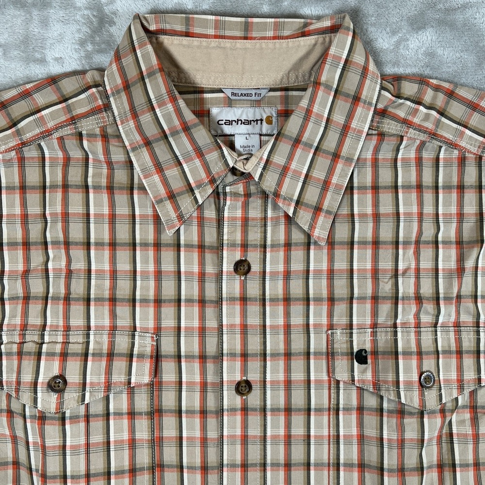 Carhartt Shirt Original Fit Short Sleeve Plaid Tan Brown Orange 100392 Men Large